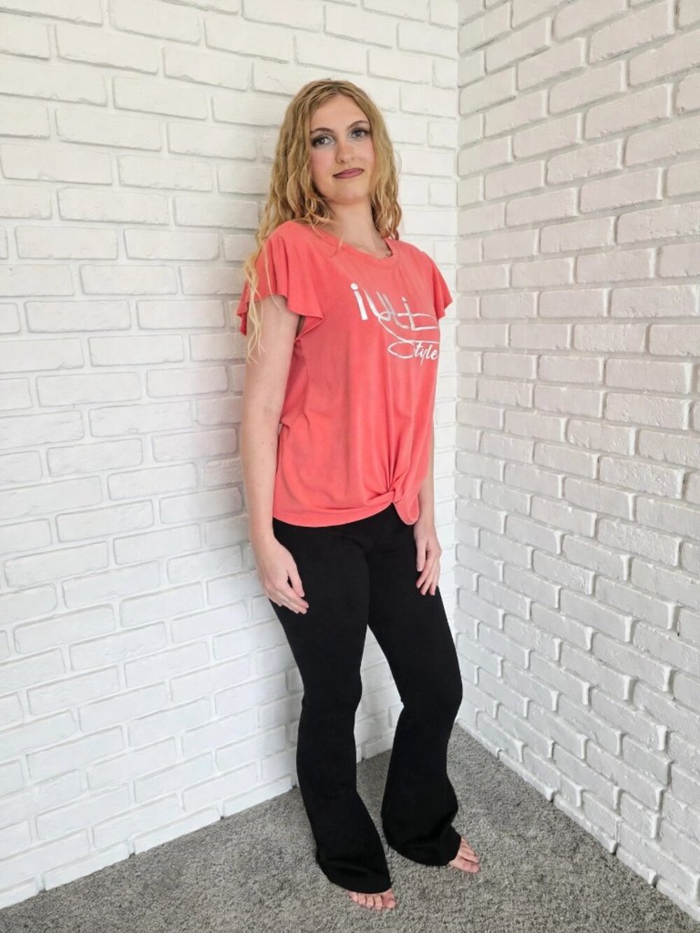 iULi Style Coral Short Sleeve Logo T-Shirt with Ruffle Sleeves